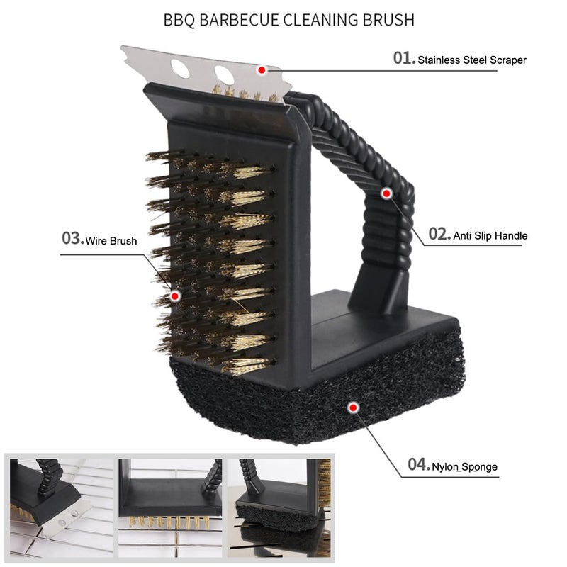 SquEqu 2 Pack Grill Brush and Scraper with Wire Bristles and Bristle-Free Scour 2 Side Brushes Handheld Short Handle Scrubber for Grill Grate Cleaner Cast Iron Charcoal Racks Grid BBQ Cooking Grates - Image 4